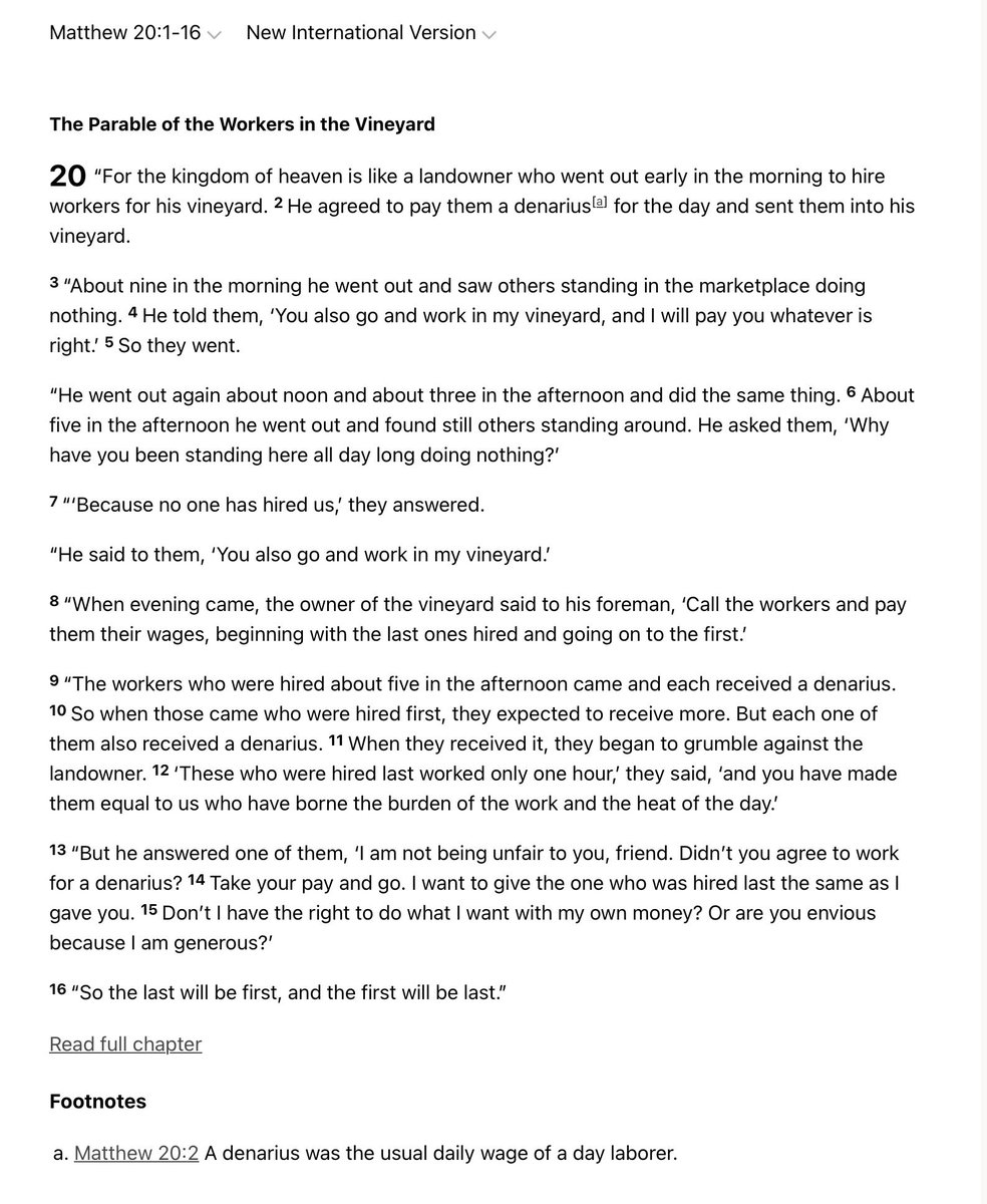asemota's tweet photo. Yesterday's gospel is one I'll never forget. Jesus was not man but divine. This level of thought is beyond what man can conceive or explain, yet he put it into a simple, timeless parable we can still relate to after millennia. 

I saw the legal play unfold from the second batch of workers. When everything was finally explained, I almost got up to clap at the brilliance. 

The priest's homily told us three things I will never forget. 

1. Salvation is not a guaranteed salary; it is grace. 

2. The happiest people are not the ones who have everything, but those who are happy that others have been blessed and are content with the blessings they have too. 

3. The landowner found people who were ready to work and within his search area. We must put ourselves within the reach of grace and God's abundant blessings.

Personally, I remembered what our father, Prof. Osuide, always tells me. God gives us time and place; we do the rest with our free will. 

God’s abundance has no timetable. We are not blessed for our efforts but it doesn't mean we should not continue to put ourselves within range of God’s grace and abundance. 

The cattle on a thousand hilltops, all the abundance on earth are accessible. It doesn't matter who is currently blessed with it, you and I can be blessed with even more in our own time. The workers who were selected first do not know what misfortune they were spared from. 

Another thing I learned from confession on Saturday is the blessing of work as a distraction from sin. Laborare est orare is a Latin phrase that means "to work is to pray" or "work is prayer."