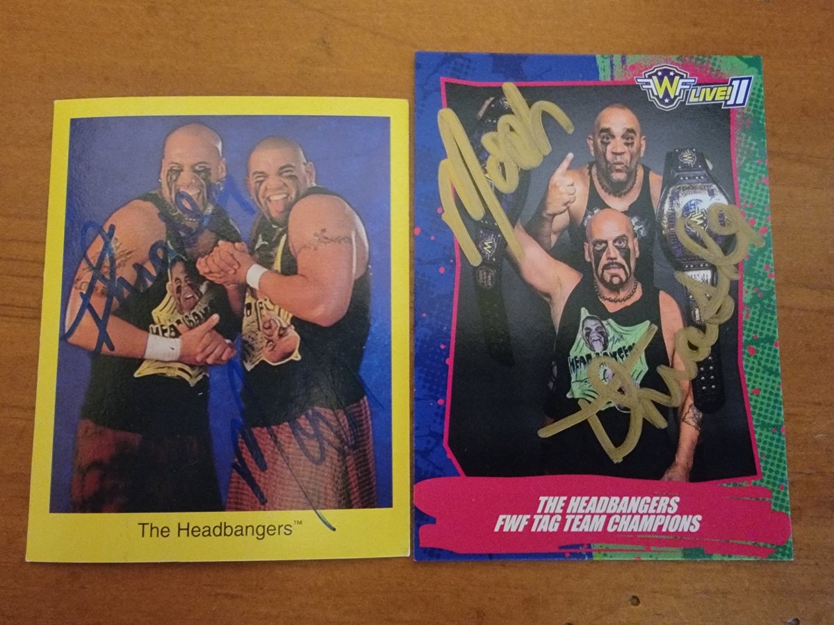 wrestlingcards's tweet photo. Thanks to @ChazMosh & @GRthrasher The Headbangers for signing my 1998 Cardinal WWF & 2022 FWF Live II cards at @ESWWrestling Bang Your Head in Niagara Falls, NY. #ESW #ESWBang #WWF #WWE #FWF #NWA #ROH #WrestlingCards #WrestlingTradingCards https://t.co/QjvWGPiNG6