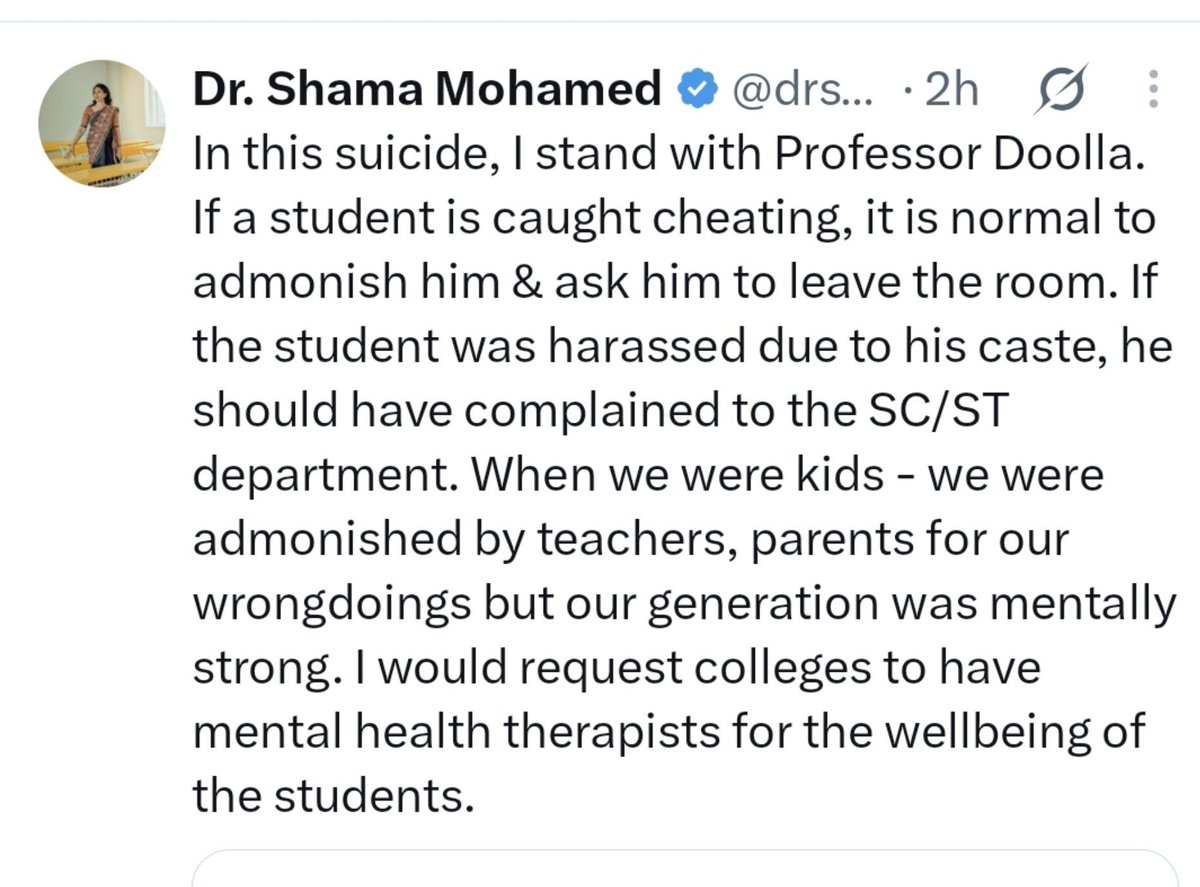 subhajit_n's tweet photo. Ladies &amp; Gentlemen,this is Congress's National Spokesperson blaming institutionally murdered Dalit student of IIT B for his death and stands with the accused Casteist Criminal Professor. Wow!!

Is it Shama Mohamed's personal hate towards Dalit student or INC's official stance? https://t.co/K6jRSoDJbJ