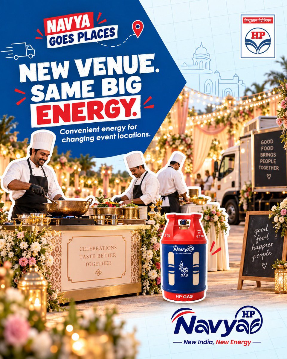 HPCL_MLRO's tweet photo. New venue. Same big energy. 

From destination weddings to outdoor celebrations, HP Navya offers convenient energy for caterers serving memorable experiences. Book through HP Pay now- https://t.co/owsWBBm9oz

#HPNavya #NavyaGoesPlaces #OutdoorCatering #NewEnergy @HPCL @HPGAS_HQO https://t.co/mJEd7PA3L3