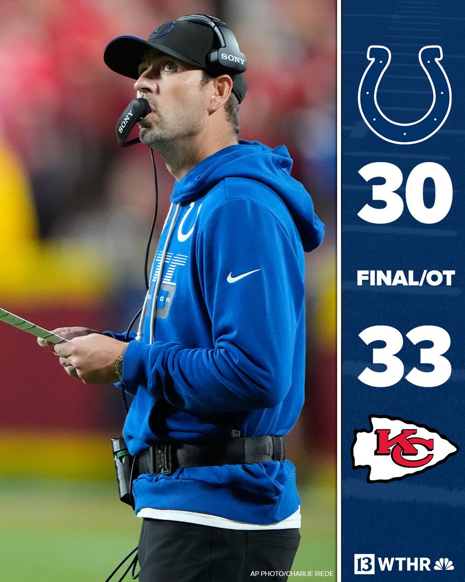 WTHRcom's tweet photo. A heartbreaker in Kansas City 💔

After forcing overtime, the Colts couldn't find the endzone and fall to 0-2 on the season after a 33-30 loss to the Chiefs. 

(📸: AP/Charlie Riedel) https://t.co/bpeJIZQrz1