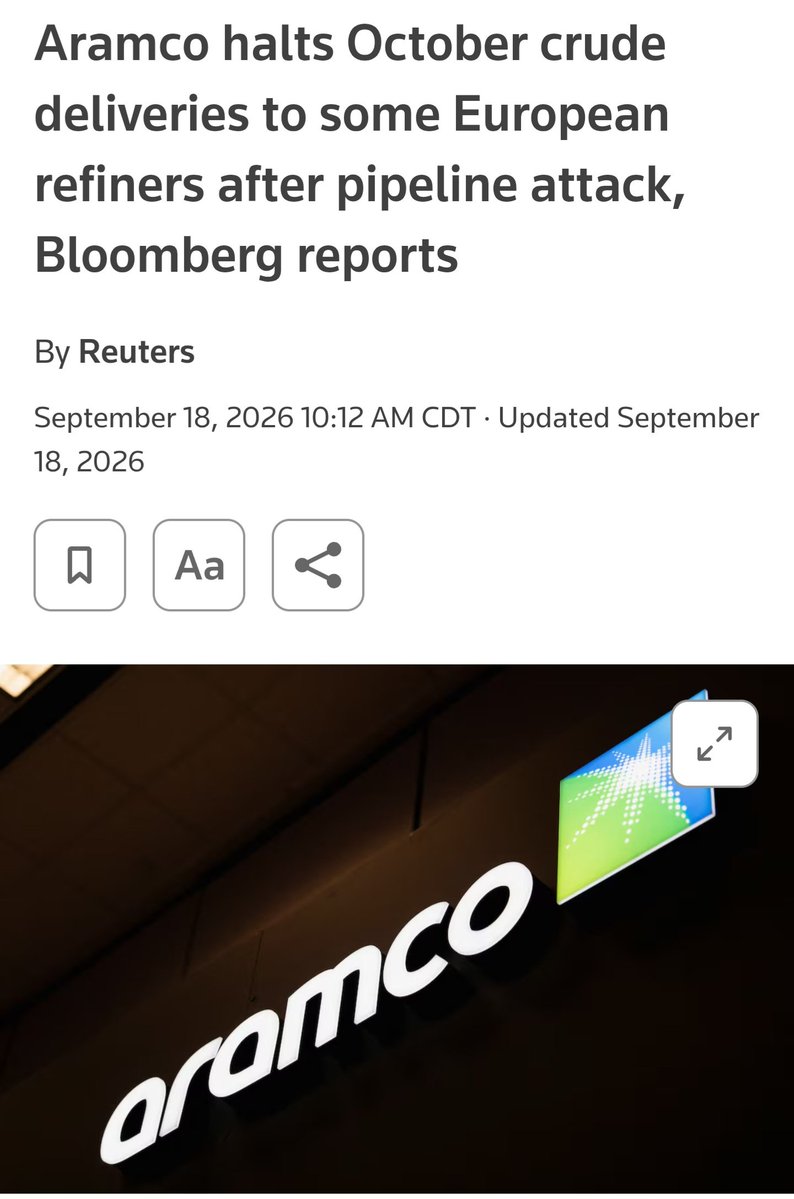 GeoWorldX's tweet photo. Saudi Aramco has announced no oil shipments to Europe at least through October. 
This will only amplify the pressure to escalate the #RussiaUkraineWar 
Europeans better start preparing for what's to come. https://t.co/SNBIQMaP56