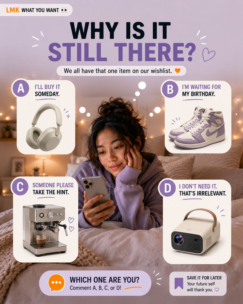 lmk__today's tweet photo. Be honest… how long has THAT item been sitting on your wishlist? 👀😂

We all have one:

🎧 A: “I’ll buy it someday.”
🎂 B: “I’m waiting for my birthday.”
☕ C: “Someone PLEASE take the hint.”
📽️ D: “I absolutely do not need it… which changes nothing.”

Meanwhile, it’s been sitting there for 6 months watching you buy everything except it. 😭

Which one are you — A, B, C, or D? 👇 And if you’ve been mentally wishlisting things instead, make it official on https://t.co/qiulEB9BtD. 🧡

#LMKToday #WishlistAnything #WishlistProblems #Relatable #WishlistIdeas