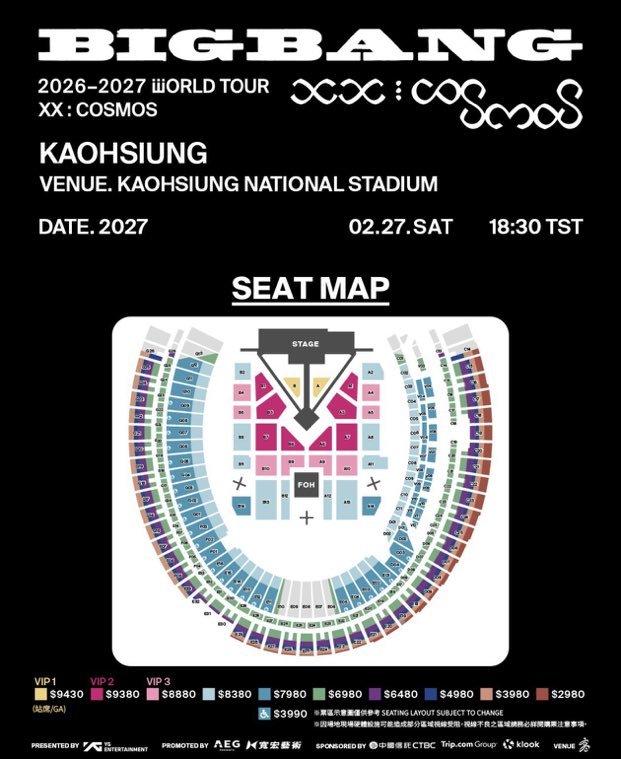 Propvee's tweet photo. WTS | BIGBANG 2026–2027 WORLD TOUR <XX : COSMOS> — 高雄 🇹🇼

2027年2月27日
高雄國家體育場

VIP 1 — A區
VIP 2 — A2區
VIP 3 — A3區

可透過 FaceTime 即時驗證門票。
海外粉絲也歡迎購買，有興趣請 DM。

#BIGBANG #XXCOSMOS #BIGBANGKaohsiung https://t.co/81L1h82Kvf