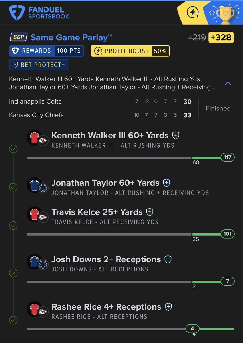 Venz_BullyBets's tweet photo. SNF Parlay WINNER 💰✅
Sunday Night Football 🏈✅
NFL Same Game Parlay WIN ✅✅✅✅✅

5 Leg SGP (+328) 🚀
- Kenneth Walker III ✅
- Jonathan Taylor ✅
- Travis Kelce ✅
- Josh Downs ✅
- Rashee Rice ✅

Monday Night Football tomorrow ‼️🏈
Giants vs. Rams MNF bets soon.. 🍎🐏
FOLLOW ✅