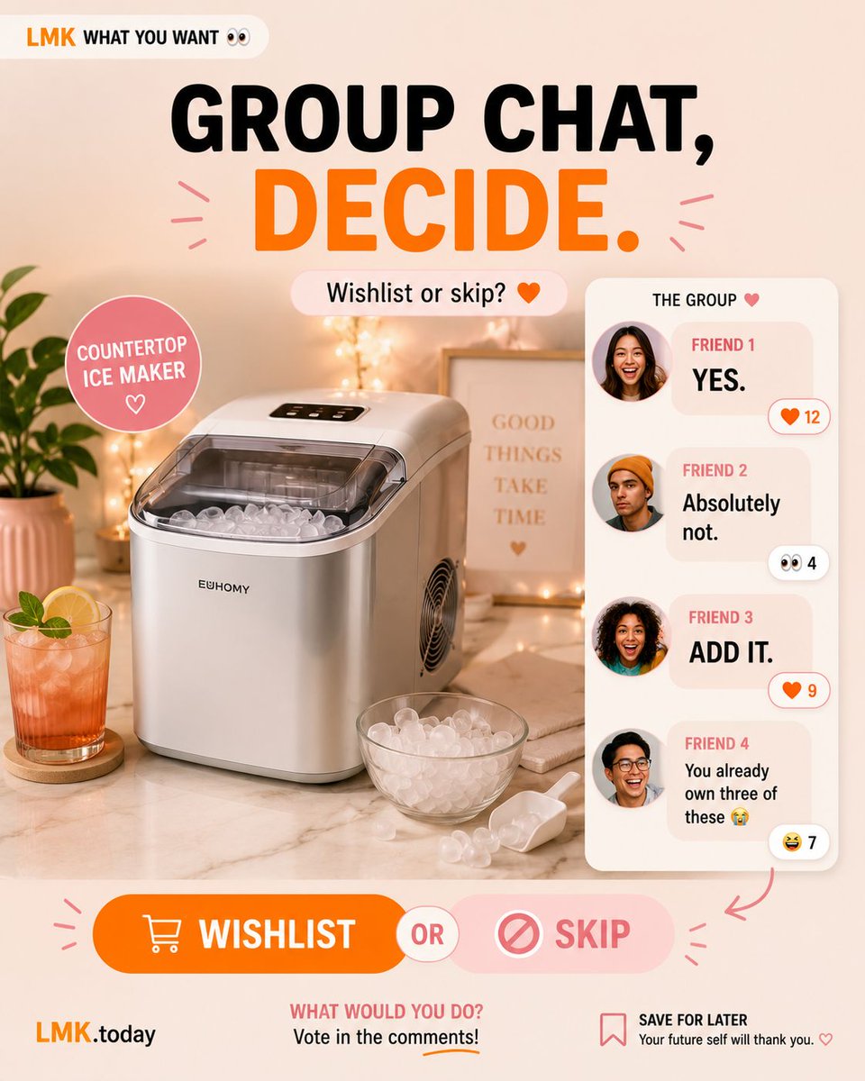 lmk__today's tweet photo. You found it online. You want it. Now send it to the group chat. ๐๐ง
If the โADD ITโ friends win, you know where itโs going: https://t.co/hZol2Tr8XW ๐
#LMKToday #WishlistAnything #WishlistOrSkip #GroupChat #WishlistIdeas https://t.co/TQAnGhFkEH