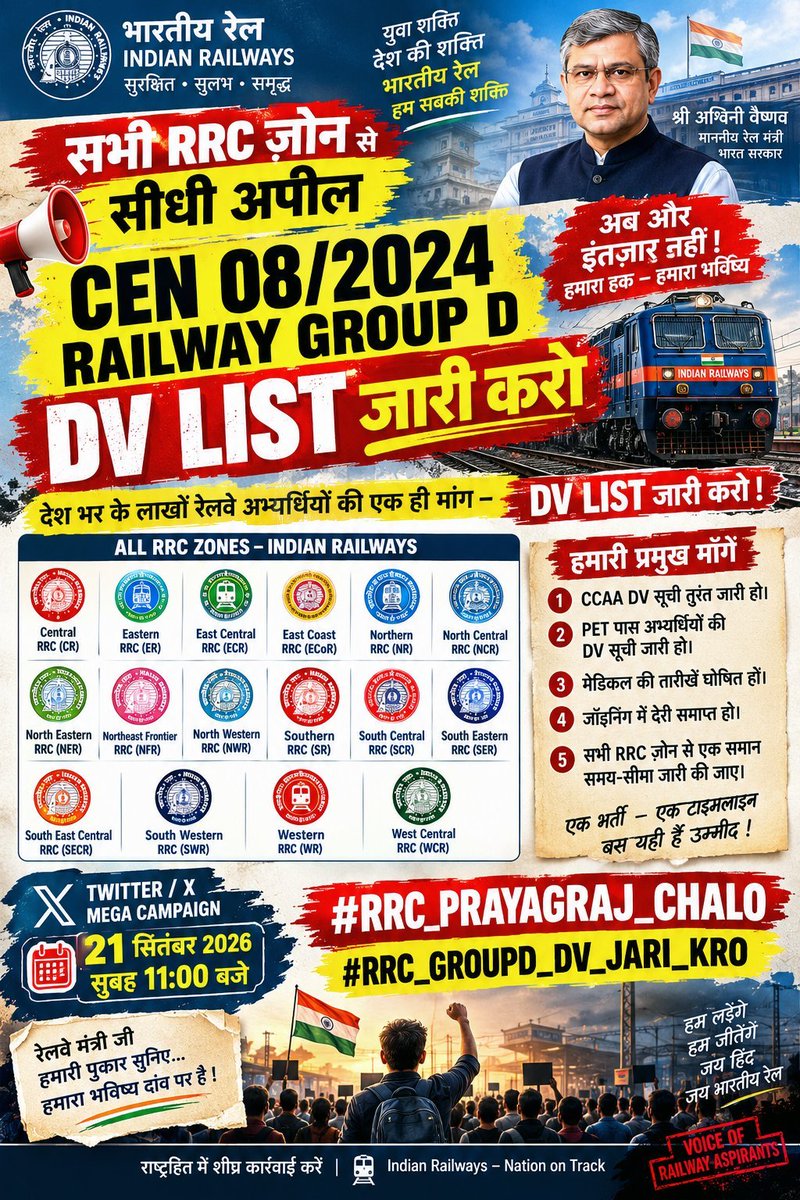 Amankatiyar1431's tweet photo. CEN 08/2024 Group D की DV list तुरंत जारी करो!
@AshwiniVaishnaw @RailMinIndia  @CPRONCR @secrail @RailMinIndia 
@WesternRly @Central_Railway @nerailwaygkp 

#rrc_groupd_dv_jari_kro #rrc_prayagraj_chalo
#rrc_groupd_dv_jari_kro https://t.co/JicIzgUT9X