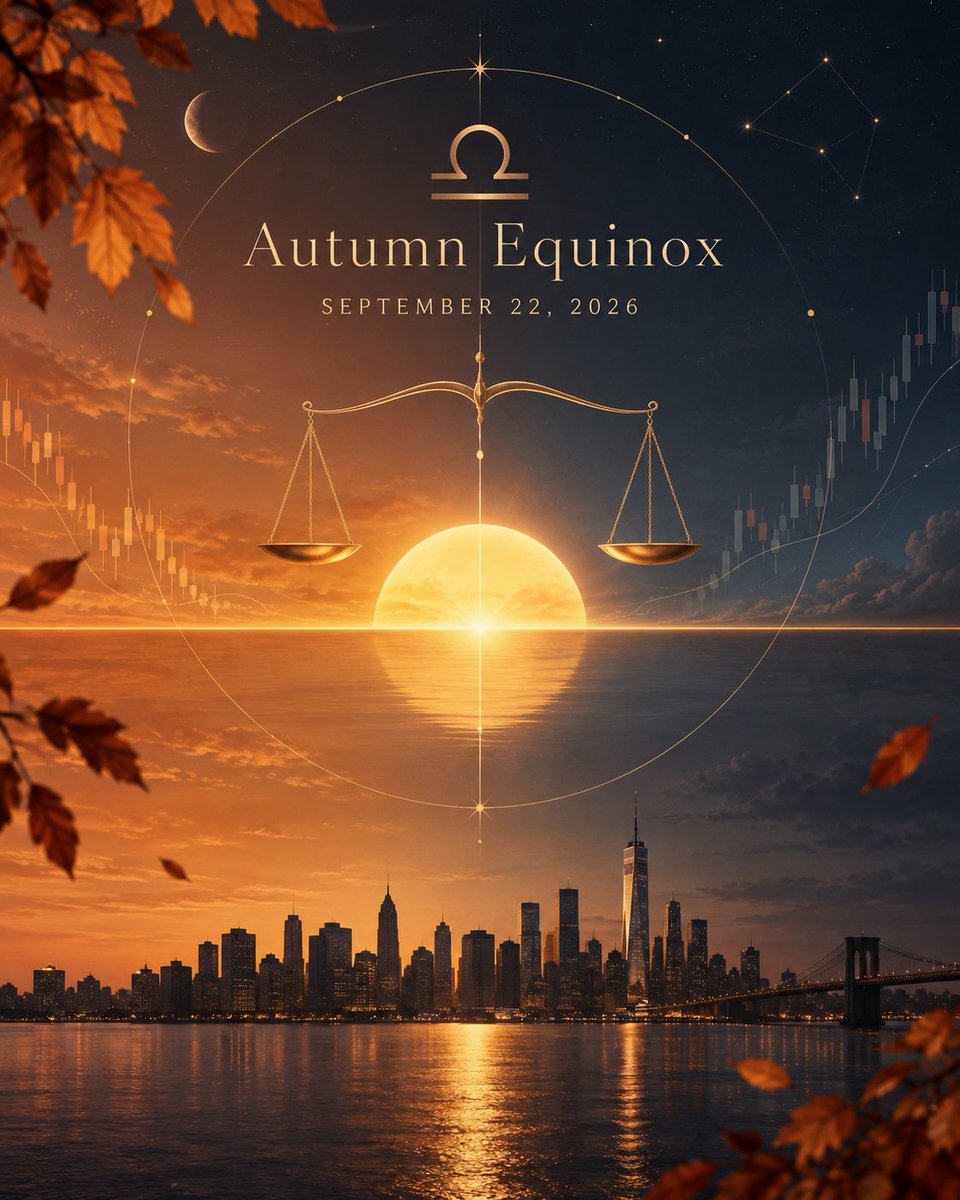 margo_amala's tweet photo. 🍁 September 22, 2026: Autumn Equinox
The Sun’s ingress into Libra marks the Autumn Equinox and is a seasonal pivot point (+/- 1 week) in some financial assets within Gann methodology.  This week & next week I am on watch for a weekly pivot low on $DIA and a weekly pivot high on $DXY.

The Sun makes his ingress into the sign of Libra on the cusp of the 5th and 6th house over NYC - this activates both financial markets and labor markets for the upcoming quarter.

The Sun also crosses 0° declination, emphasizing balance, transition and a change in the seasonal cycle. Libra brings contracts, negotiations, trade relationships, legal structures and alliances into focus.

#astrology works.