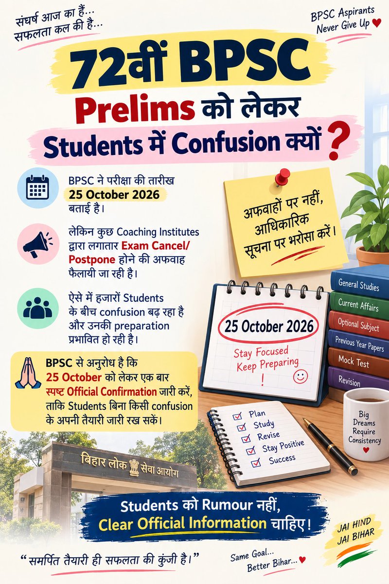 BPSC_JununHai's tweet photo. Respected Authorities @BPSCOffice @IPRDBihar,
Unconfirmed rumors regarding the 72nd Prelims exam date are causing immense anxiety among lakhs of aspirants. We humbly request an official notification on https://t.co/yTmjmv2nYk to clear all confusion.
@samrat4bjp 
#72ndBPSCExamDate https://t.co/CFaqUs8yBq