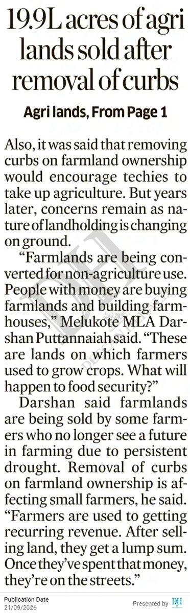 TITTUCOOL's tweet photo. BJP govt wanted Techies to take up Agriculture and wanted to be more liberal, got the Agri Lands Reforms amended.

Now there's a complete demographic change on Karnataka's Agri lands. 

ಇತರ ರಾಜ್ಯಗಳ ಶ್ರೀಮಂತರು ನೂರಾರು ಎಕರೆ ಭೂಮಿ ಖರೀದಿ ಮಾಡುತ್ತಿದ್ದಾರೆ. ಕರ್ನಾಟಕದ ರೈತರು ತಮ್ಮ ಜಮೀನುಗಳನ್ನು ಮಾರಾಟ ಮಾಡಿ ಒಟ್ಟು ಮೊತ್ತ ಪಡೆದು, 3-4 ವರ್ಷಗಳಲ್ಲಿ ಅದನ್ನು ದುಂದು ವೆಚ್ಚ ಮಾಡಿ ಅಂತಿಮವಾಗಿ ಮತ್ತೆ ಬೀದಿಗೆ ಬಿದ್ದಿದ್ದಾರೆ

ಈ ಕಾನೂನುಗಳನ್ನು ರದ್ದುಪಡಿಸುವುದಾಗಿ ಭರವಸೆ ನೀಡಿದ್ದ ಕಾಂಗ್ರೆಸ್ ಈಗ ಮೌನವಾಗಿದೆ.