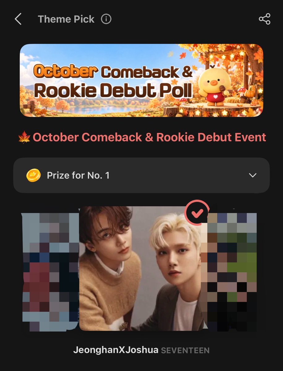 cheolhanshua_ph's tweet photo. [VOTING]

Please vote JEONGHAN x JOSHUA on Choeaedol app for October Comeback & Rookie Debut Poll!

📆 Sept 20 ~ Oct 7
👉 Vote once a day and 1 additional vote after an ad

We have our first voting poll for their subunit. Please participate and support HaniShu unit!

🔗 https://t.co/2reE30Ietr

#JEONGHAN #정한 #JOSHUA #조슈아