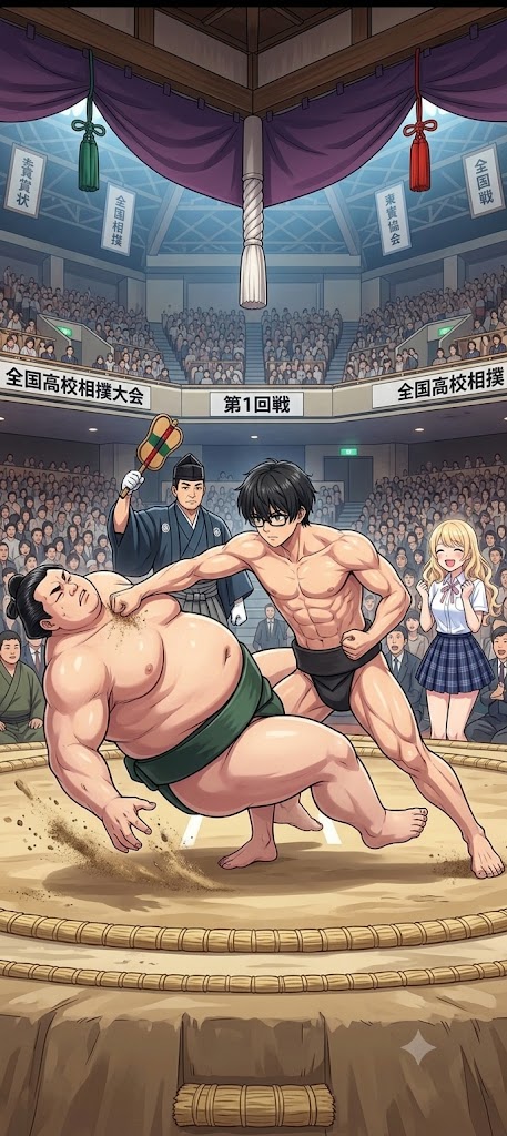 _st_ao_'s tweet photo. ちなみに、最初にGeminiが出力したのがこれ。思いっきりグーパンしてて草。AIは相撲のルールも知らんのかwしかも「上手投げで勝った」って入力したのに…相撲の決まり手くらい学習しとけよな～ https://t.co/8Z65RNbu7t