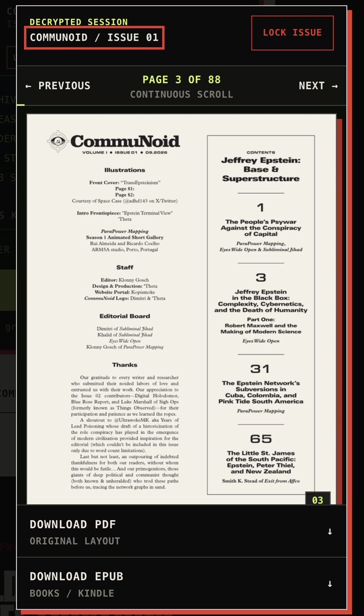 KlonnyPin_Gosch's tweet photo. @CommuNoid_Zine ISSUE 01 - “JEFFREY EPSTEIN: BASE &amp; SUPERSTRUCTURE” IS NOW LIVE &amp; FREELY READABLE AT PARAPOWERMAPPING DOT COM 💾

Enter your People’s Psywar Directorate issued decryption key to access:

PEOPLES_conspiracyCN01capital_PSYWAR https://t.co/IHy6FRZKy2