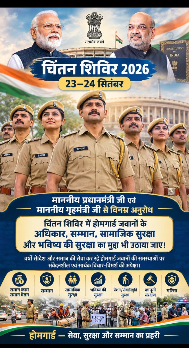 GangadharaNag's tweet photo. माननीय प्रधानमंत्री जी एवं माननीय गृह मंत्री जी से विनम्र अनुरोध है कि #चिंतन_शिविर_2026 के विमर्श में #होमगार्ड_जवानों से जुड़े अधिकार, सम्मान,सामाजिक सुरक्षा और भविष्य की सुरक्षा जैसे विषयों को भी चर्चा के दायरे में रखा जाए।
@PMOIndia @AmitShah @nityanandraibjp @bandisanjay_bjp https://t.co/PpqWWxis6j