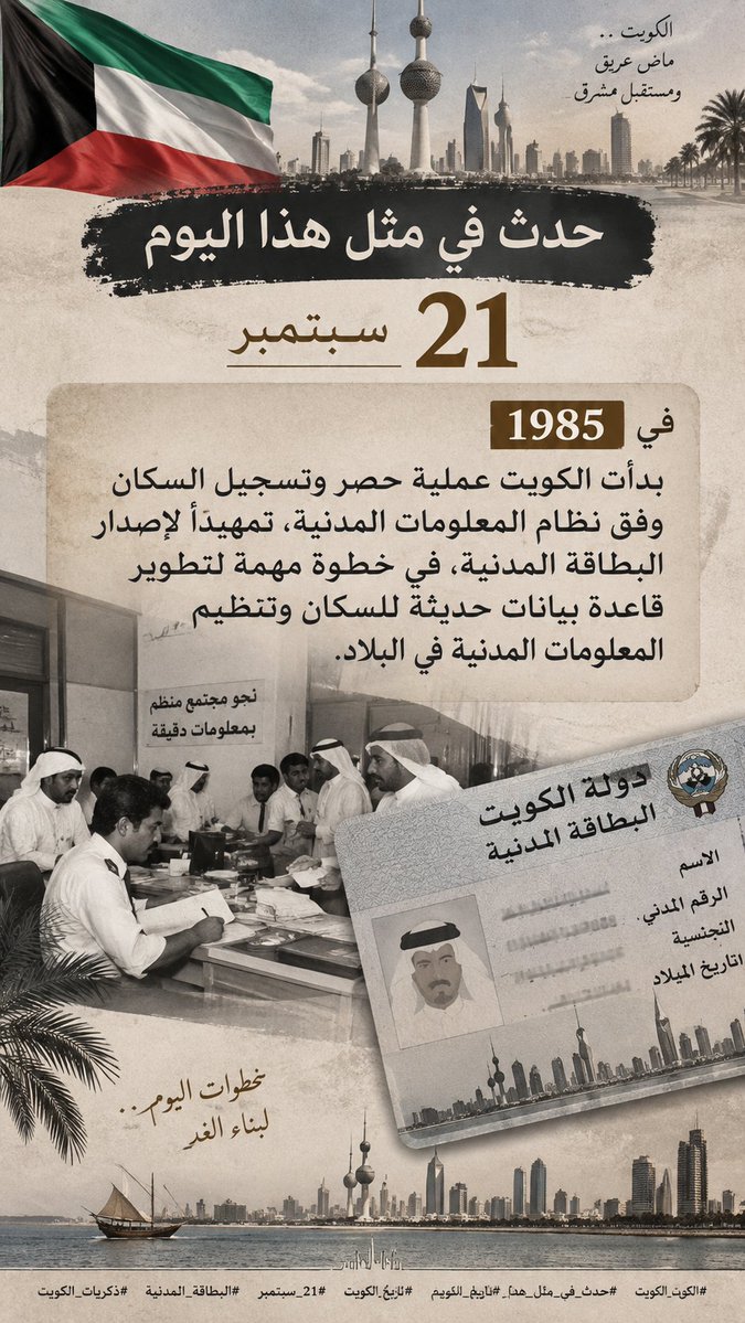 Hamad65278897's tweet photo. حدث في مثل هذا اليوم 21 سبتمبر

في 21 سبتمبر 1985 بدأت الكويت عملية حصر وتسجيل السكان وفق نظام المعلومات المدنية، تمهيدًا لإصدار البطاقة المدنية، في خطوة مهمة لتطوير قاعدة بيانات حديثة للسكان وتنظيم المعلومات المدنية في البلاد. 
#الكويت #حدث_في_مثل_هذا_اليوم #تاريخ_الكويت #21_سبتمبر #البطاقة_المدنية #ذكريات_الكويت