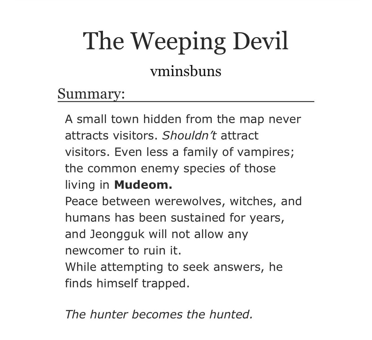 taeggukaus's tweet photo. ꒰ 𝑟𝑒𝑐 𝑜𝑓 𝑡ℎ𝑒 𝑑𝑎𝑦 ꒱ ⋆˙⟡

— title: the weeping devil by @vminsbuns

🫧 tags
» top th - bttm jk
» vampire th
» werewolf jk
» small town
» enemies to lovers
» horror
» falling in love

75.9k words | 6 chapters | completed.

🖇️ https://t.co/cV2jcr4caJ https://t.co/t8dex4nqvt