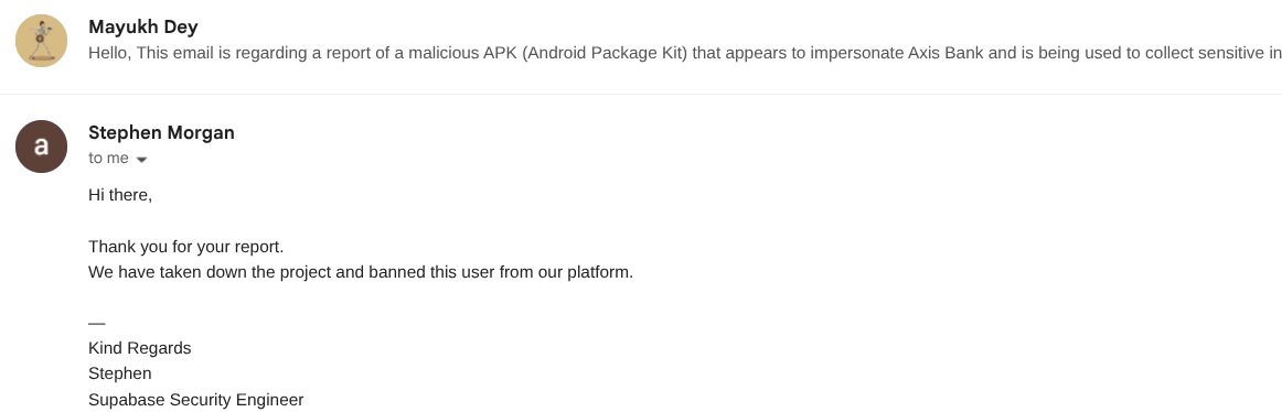 MacInTheLoop's tweet photo. It has been good few days ladies and gentlemen. First Github FINALLY took action and brought down a Github account which was spreading APKs of obviously fake Indian banking apps and then few days later yesterday I let Supabase know someone is using their platform as C2 as well + https://t.co/EEJ4K4vZg3