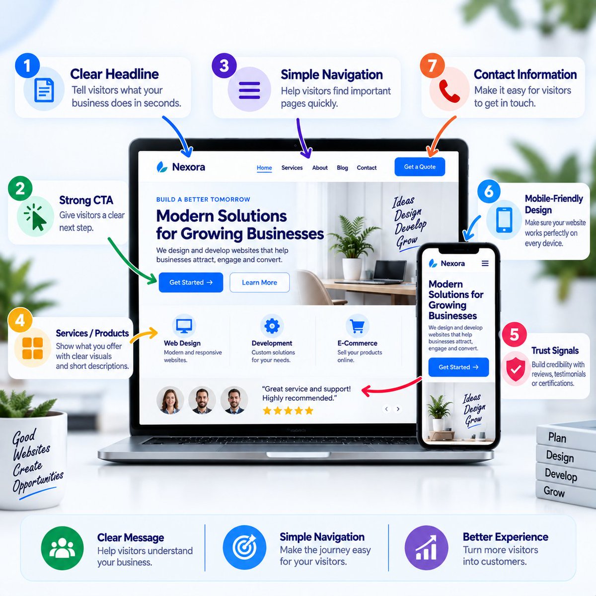 Digi_Weebly's tweet photo. 7 Elements Every Business Homepage Needs

A good homepage should be:

→ Clear
→ Easy to navigate
→ Mobile-friendly
→ Trustworthy
→ Action-focused
Make it easy for visitors to understand your business and know what to do next.
#WebDesign #WordPress #UXDesign #WebsiteTips https://t.co/bokhD7lCKX