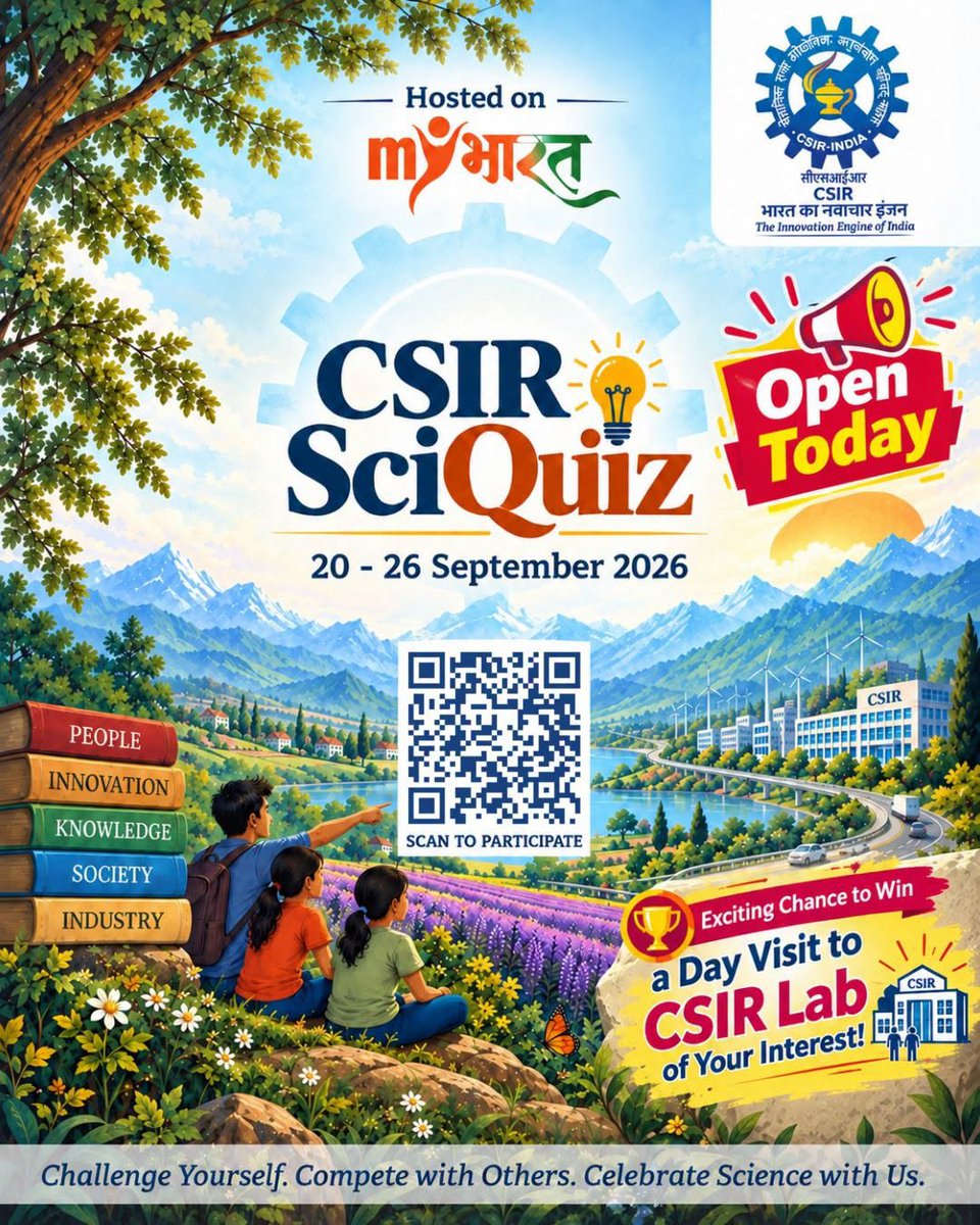 official_cgcri's tweet photo. It’s OPEN! CSIR SciQuiz 2026 is LIVE!

As we celebrate #CSIR85, here’s your chance to test your knowledge of science, innovation &amp; CSIR.

📅 20–26 Sept 2026
🏆 Exciting chance to win a day visit to a CSIR lab of your interest!

Click here to participate: https://t.co/AJOx24Bur3 https://t.co/KQBmtvgAwa