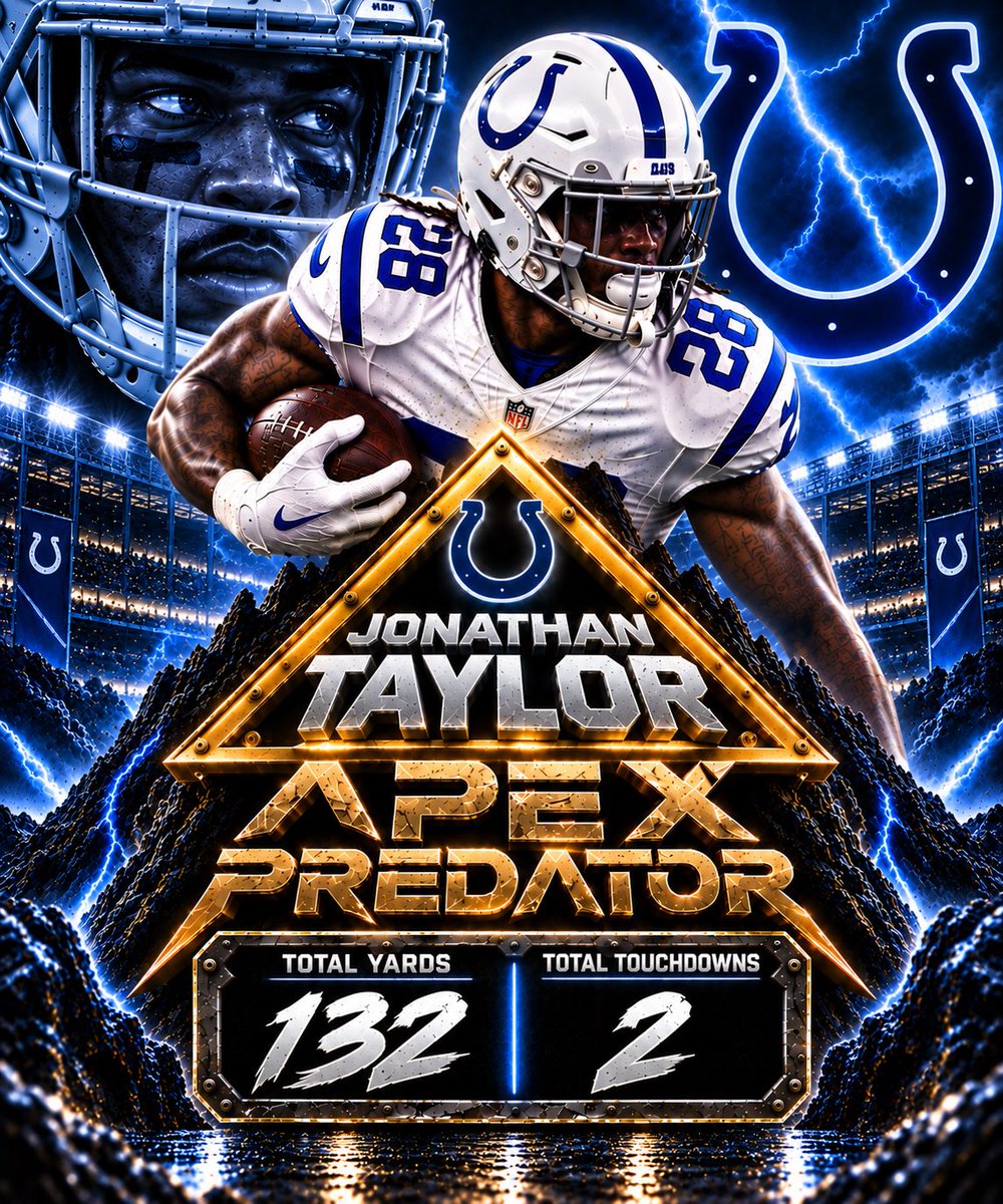 Predator0logy's tweet photo. ⚠️ APEX PREDATOR ⚠️ 

Indianapolis colts Running Back Johnathan Taylor with a massive production in Sunday night Football

132 total yards
2 touchdowns 

#nfl #fortheshoe #football https://t.co/JEKeP2Aneu