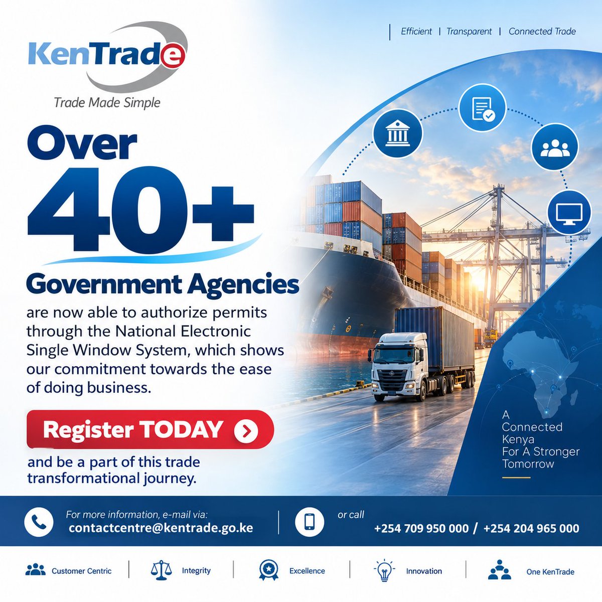 _KenTrade's tweet photo. Over 40+ Government Agencies are now able to authorize permits through the National Electronic Single Window System, which shows our commitment towards the ease of doing business.

Register TODAY and be a part of this trade   transformational journey.

For more information, e-mail via:   contactcentre@kentrade.go.ke or call +254 709 950 000/+254 204 965 000