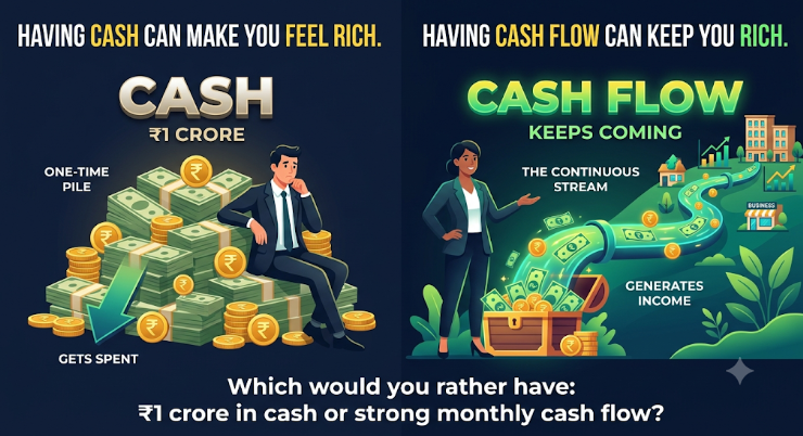 t_raajan's tweet photo. Having cash can make you feel rich. Having cash flow can keep you rich.

Cash gets spent.
Cash flow keeps coming.

Don’t just build a pile of money. Build assets that can generate income.

Which would you rather have: ₹1 crore in cash or strong monthly cash flow? https://t.co/2kslCddYMD