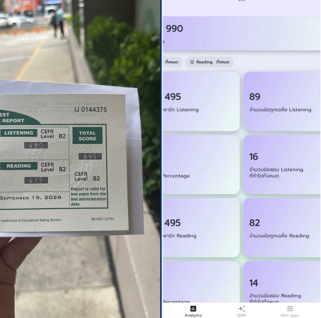 memmoread's tweet photo. แชร์ประสบการณ์การทำข้อสอบ TOEIC (895/990) เพื่อเป็นประโยชน์แก่เพื่อน ๆ ในกลุ่มค่ะ 📷📷
- Listening Part -
Part 1 เราใช้วิธีการสังเกตองค์ประกอบในภาพ แล้วก็คาดเดาคำศัพท์ที่เชื่อมโยงค่ะ สิ่งสำคัญคือ verb ของแต่ละ choice เราคิดว่า บางข้อก็ถูกตรงที่มีสิ่งของหรือคนในภาพจริง แต่ผิดที่ไม่ได้ใช้ verb ตามที่บอกค่ะ
Part 2 เราใช้วิธีจับคำที่เริ่มต้นประโยคคำถาม แต่รอบที่ไปสอบคิดว่า คำถามค่อนข้าง tricky ค่ะ เพราะคำถามฟังง่าย แต่ choice ไม่ได้ตอบตรงคำถาม ต้องตีความแล้วก็เลือกคำตอบที่เหมาะสมที่สุด แล้วคาดว่า เราน่าจะเสียคะแนนที่พาร์ทนี้เยอะเหมือนกัน5555
Part 3 เราใช้วิธีอ่านคำถามล่วงหน้าค่ะ เพราะเราสอบแบบ paper ก็จะมีเวลาอ่านคำถามล่วงหน้าก่อนตอบ สำหรับเราการอ่านคำถามและ choice ก่อน ช่วยได้มากในการจับประเด็นบทสนทนาค่ะ
Part 4 เราใช้วิธีคล้ายกับพาร์ท 3 แล้วก็แอบคิดว่า พาร์ทนี้ค่อนข้างง่ายกว่า เพราะมี speaker แค่ 1 คน และเนื่องจากเป็นช่วงท้ายของพาร์ทฟังก็เลยมีสมาธิหลุดบ้าง แต่เสียงจากลำโพงค่อนข้างชัด ทำให้ยังสามารถจับ keyword ได้ทันค่ะ
- Reading Part - เราทำเรียง 7-5-6

อ่านต่อได้ที่นี่ครับ
https://t.co/RrvErDBYyf