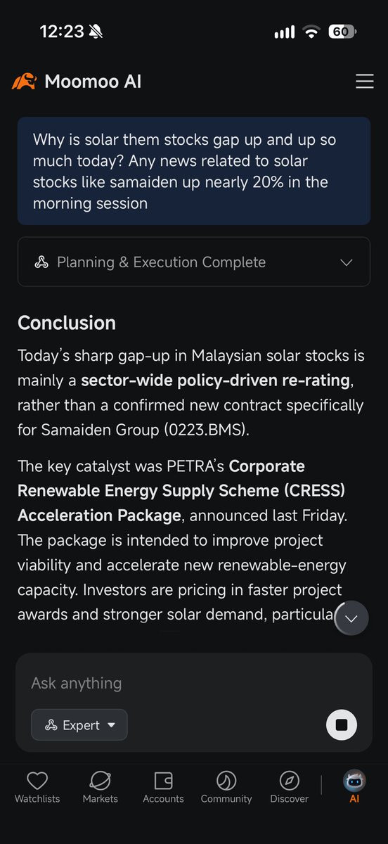 junlow29's tweet photo. I think I’ve already treating Moomoo AI as everyday market digest tool for me, as I may be not free to read all the news or follow all the topics in this market. But I noticed that solar theme stocks are up today, so I ask Moomoo AI what happened, and it gives me reason like… https://t.co/0I4xsqmYM9