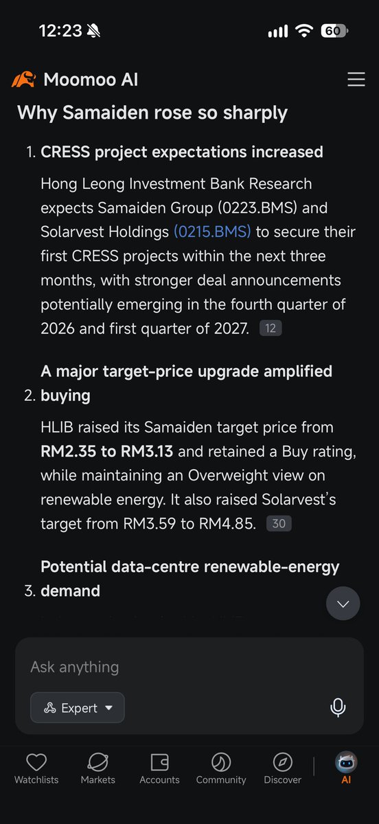 junlow29's tweet photo. I think I’ve already treating Moomoo AI as everyday market digest tool for me, as I may be not free to read all the news or follow all the topics in this market. But I noticed that solar theme stocks are up today, so I ask Moomoo AI what happened, and it gives me reason like… https://t.co/0I4xsqmYM9