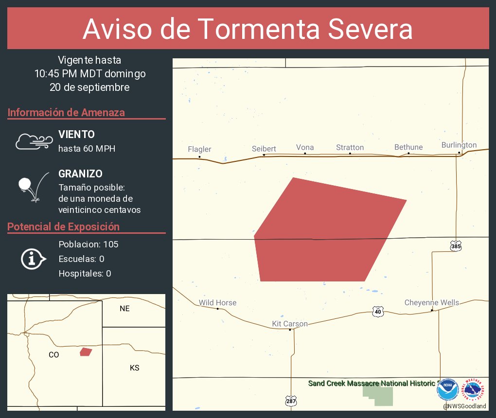 Este gráfico muestra la localización en el mapa de un aviso de tormenta severa. El aviso estará en efecto hasta las 10:45 PM MDT. El aviso incluye a Kit Carson County, CO. El aviso incluye el norte centro del condado de Cheyenne y el sur centro de Kit Carson en el este centro de Colorado. Las amenazas asociadas a este aviso son: ráfagas de viento de 60 MPH y granizo del tamaño de una moneda de veinticinco centavos. Hay 105 personas bajo este aviso incluyendo 0 escuelas y 0 hospitales.