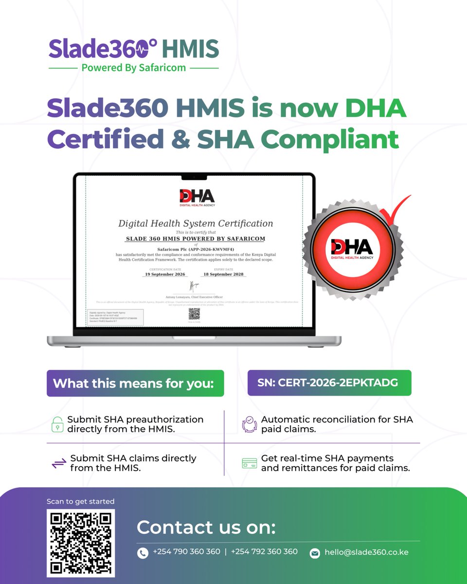 Savannahinform's tweet photo. It's OFFICIAL! π
Slade360 HMIS, Powered by @SafaricomPLC, is now:
β
DHA Certified
β
SHA Compliant
Preauthorizations, claims and real-time SHA payments all from your HMIS. Compliance, handled.
Get Started: https://t.co/E9Sj2xFJlj
#DHACertified #SHACompliant #Slade360HMIS https://t.co/k8sWJeGcWT