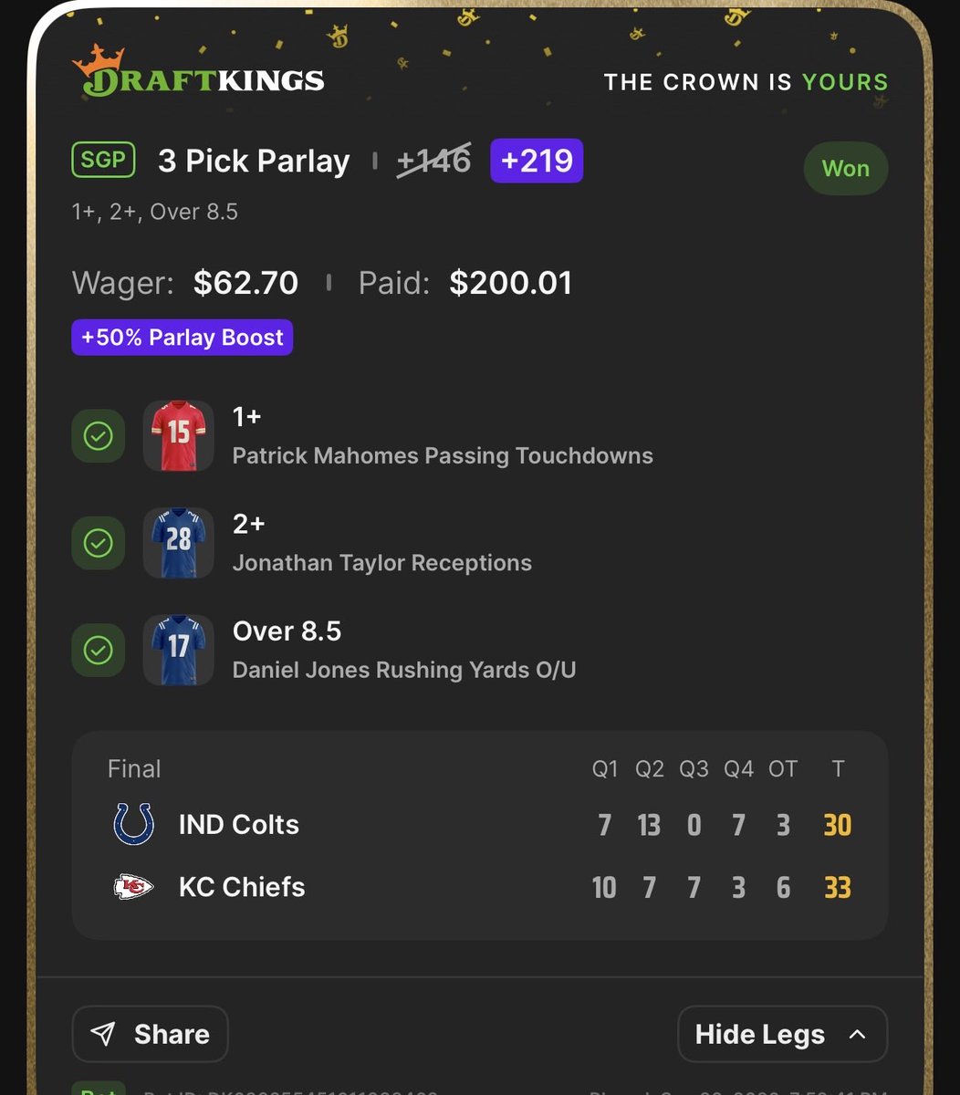 Bet_Tros's tweet photo. 🧹 Cash both SNF Plays 🧹

Patrick Mahomes 1.5 Passing TDs ✅ (1st half)

3 Leg SGP (+219) ✅ https://t.co/KhIYXaksgh