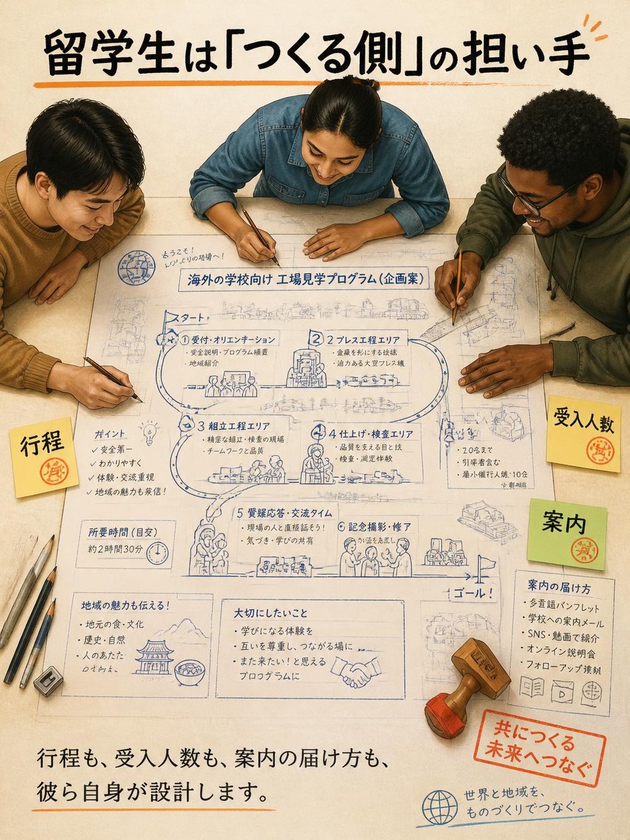 Transcend_L's tweet photo. 留学生は「つくる側」の担い手

地域の工場見学を海外の学校向けプログラムにする企画を、留学生と一緒に進めています。

行程も、受入人数も、案内の届け方も、彼ら自身が設計します。

留学生は支援される側にとどまりません。産官学の現場では、つくる側の担い手です。 https://t.co/orh2BrTS5H