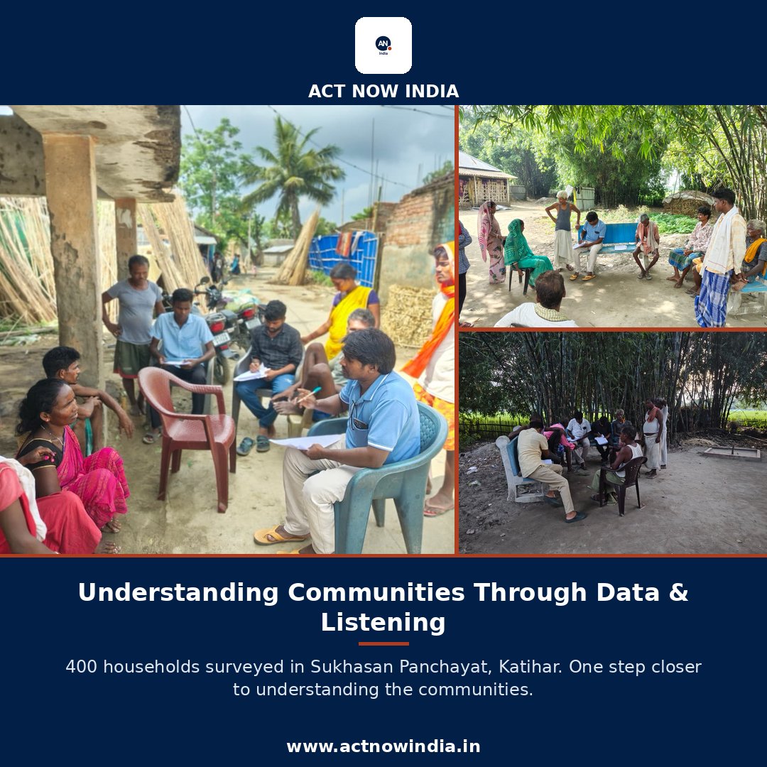 actnowindia01's tweet photo. 400 households. Countless stories.We’ve completed a 38-question survey of 400 worker households in Sukhasan Panchayat, Katihar, to understand livelihoods, migration, access to entitlements, health, education &amp; community priorities.

Development begins with listening.
#ActNowIndia https://t.co/t8u7uv2VZ7