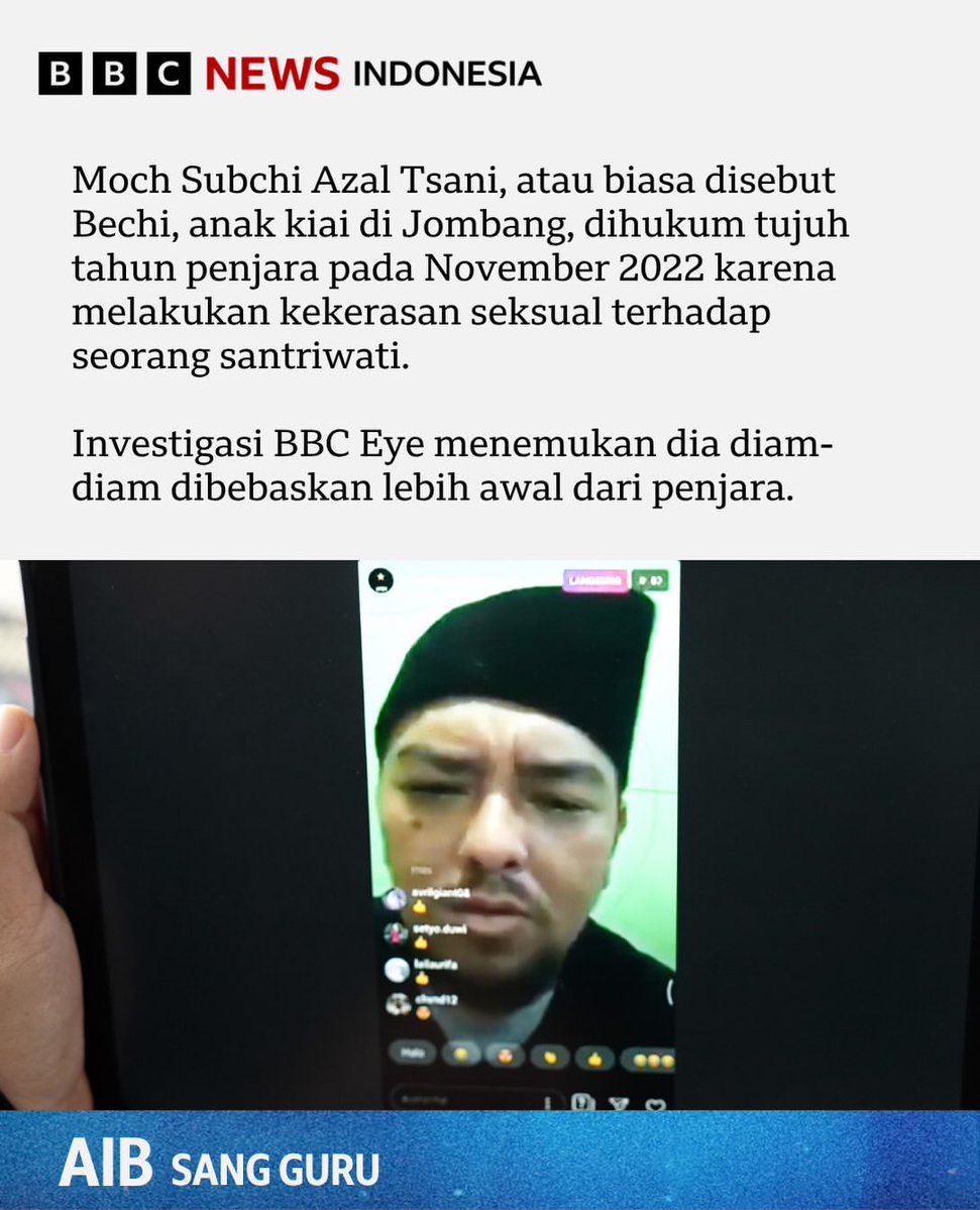 riekediahp's tweet photo. #ViralForJustice
#BongkarBebasBersyaratLapas

Repost From @bbcindonesia 

Moch Subchi Azal Tsani, yang dikenal sebagai Bechi, adalah putra kiai ternama Muhammad Mukhtar Mukthi—pendiri Shiddiqiyyah di Jombang, Jawa Timur. https://t.co/qVTBAMoGQh