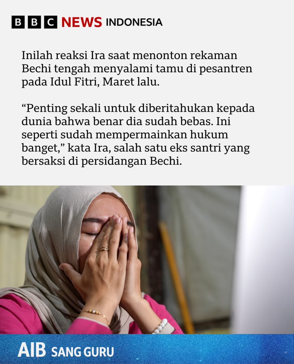 riekediahp's tweet photo. #ViralForJustice
#BongkarBebasBersyaratLapas

Repost From @bbcindonesia 

Moch Subchi Azal Tsani, yang dikenal sebagai Bechi, adalah putra kiai ternama Muhammad Mukhtar Mukthi—pendiri Shiddiqiyyah di Jombang, Jawa Timur. https://t.co/qVTBAMoGQh