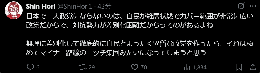 regulus_2025's tweet photo. 自民の守備範囲から完全に抜け落ちているのが「主権回復・反グローバリズム」ですね。

そういえば、野党支持率第1位のそんな政党があったような…気のせいかな。 https://t.co/x4RB6JvGnL