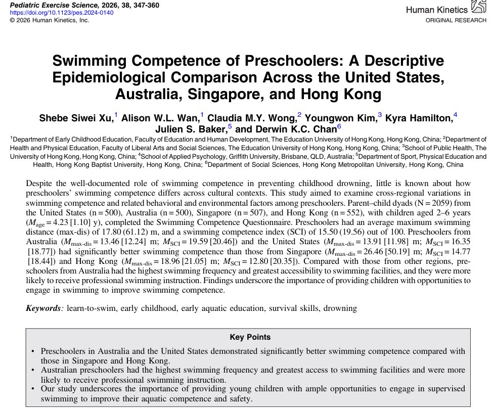pesjournal's tweet photo. 🏊 Xu et al. found that preschoolers’ swimming competence varies across regions, highlighting the importance of swimming opportunities, facility access &amp; professional instruction.
DOI: https://t.co/AmNB5zCllW
#WaterSafety #Swimming #ChildHealth https://t.co/3YMht3Elxc