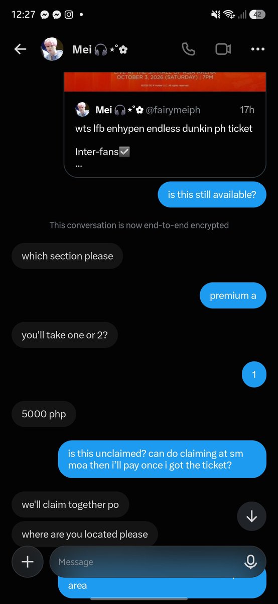 pjshiya_'s tweet photo. ‼️ DO NOT TRANSACT POSSIBLE SCAMMER ‼️

beware of user @/fairymeiph another is a possible scam. girl will not even send a legitimate proof of transactions. what they sent was an edited proof lol. do not engage

thread;

🔖 enhypen dunkin dd funmeet https://t.co/NnEp3mC2Al