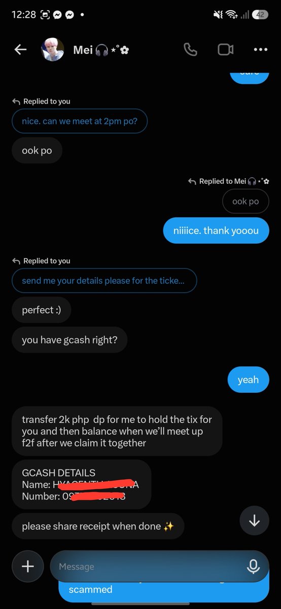 pjshiya_'s tweet photo. ‼️ DO NOT TRANSACT POSSIBLE SCAMMER ‼️

beware of user @/fairymeiph another is a possible scam. girl will not even send a legitimate proof of transactions. what they sent was an edited proof lol. do not engage

thread;

🔖 enhypen dunkin dd funmeet https://t.co/NnEp3mC2Al