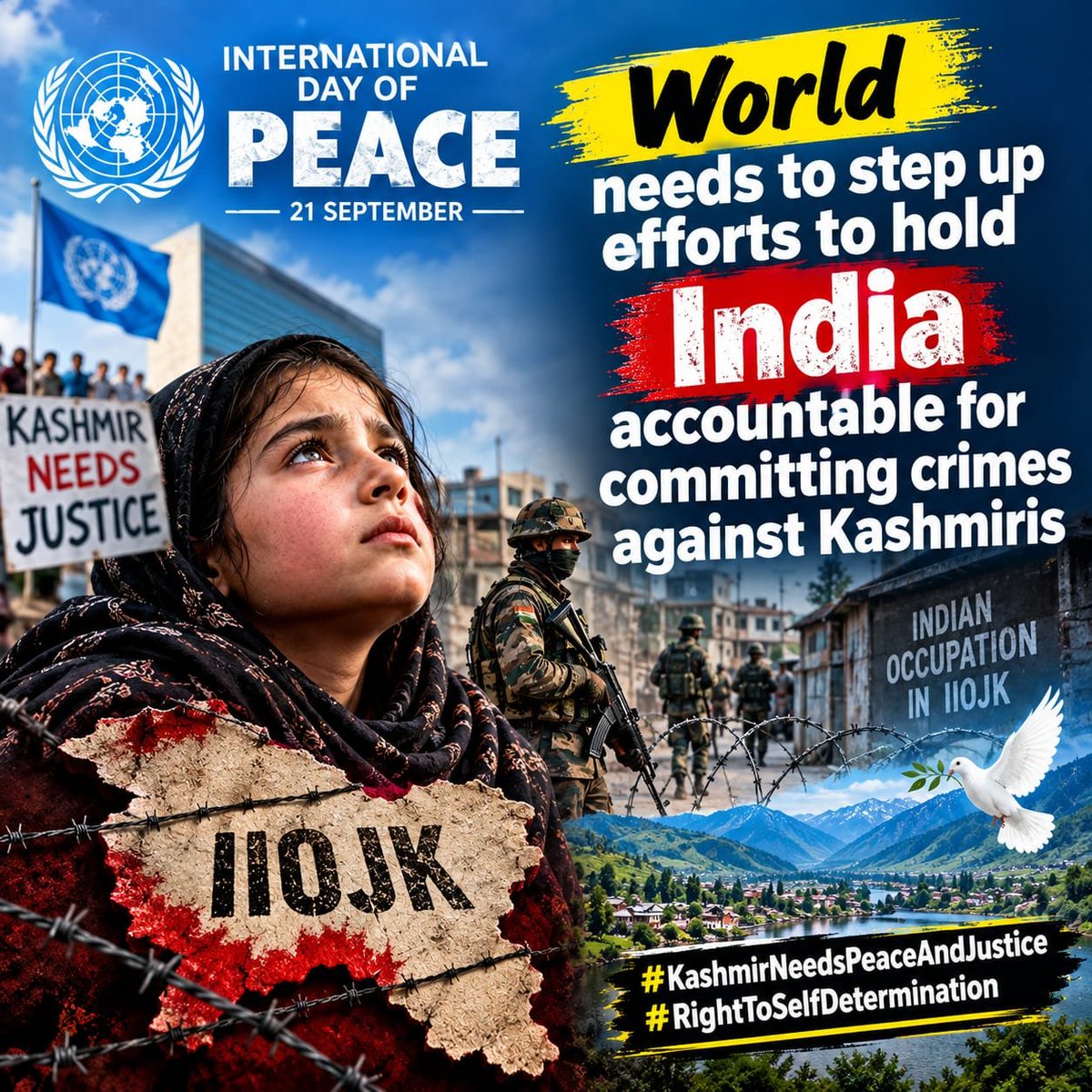 TheVoiceJK's tweet photo. JUSTICE CANNOT WAIT

The world must strengthen efforts to ensure accountability for alleged violations against Kashmiris and support a peaceful, rights-based resolution of the Kashmir dispute.

#KashmirNeedsPeaceAndJustice #RightToSelfDetermination  #InternationalDayOfPeace https://t.co/BFBphAbdjH