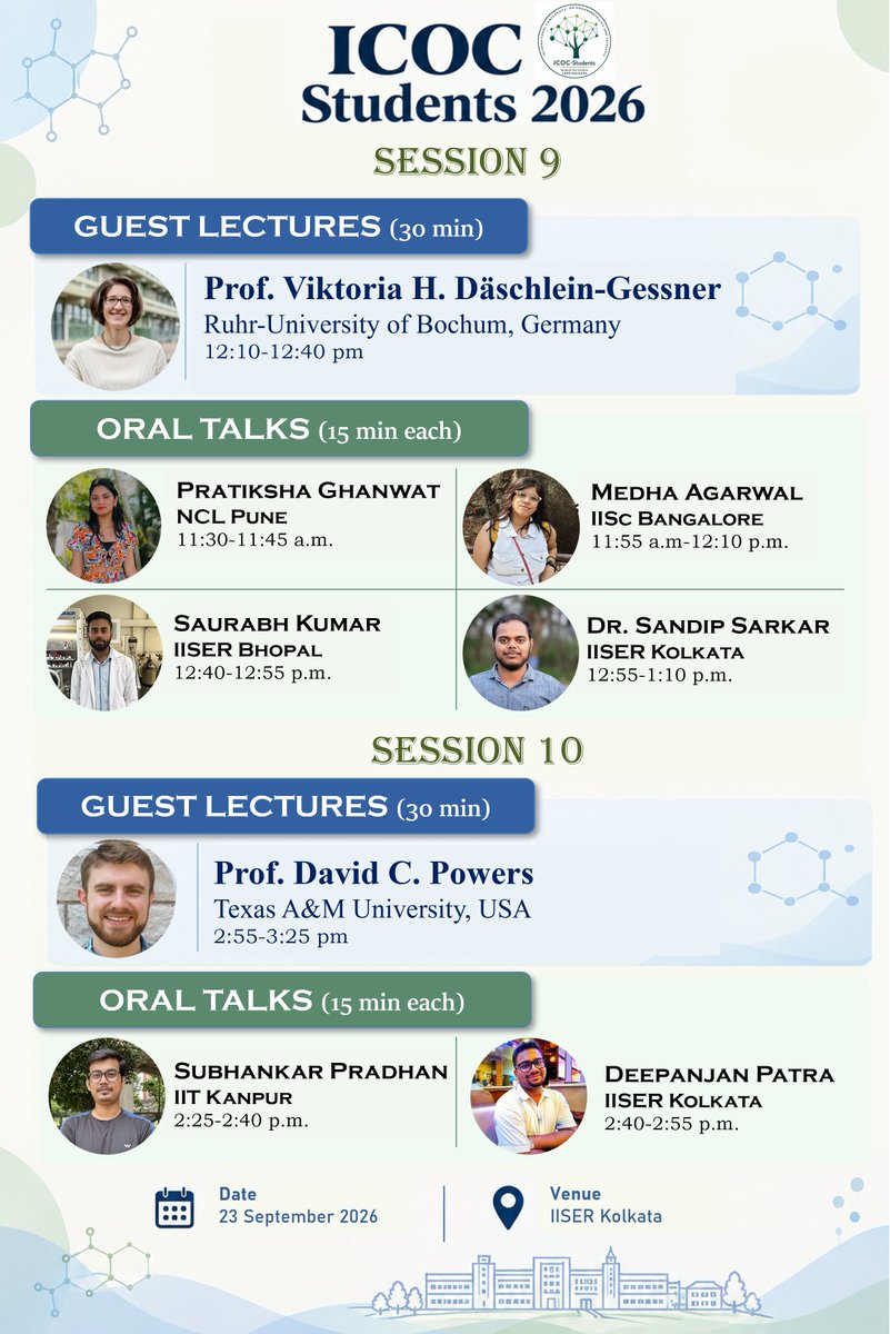 ICOC_Students's tweet photo. 🧪The line-up is here!🔥

ICOC Students 2026 is bringing together exciting scientific minds of ideas, discoveries &amp; discussion!

🔬Student Research Talks
💡Fresh perspectives. New chemistry.

🎤SESSIONS 9&amp;10
📅23 September 2026
📍IISER Kolkata

🔗Visit us: https://t.co/pFRUfSCh67 https://t.co/CnhIirI0hc