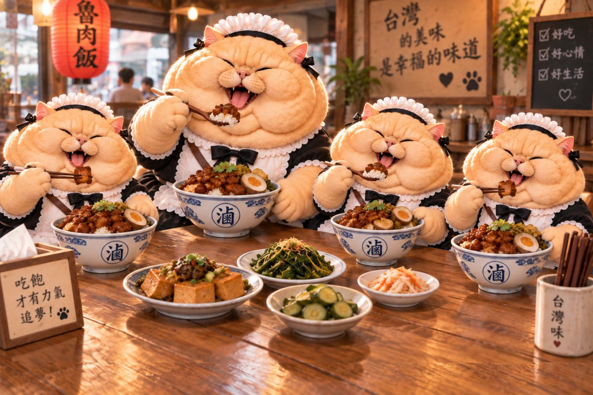 antikpltd2's tweet photo. 四隻穿女僕裝的貓組一個名字叫「貓頭四」的團體在午餐時刻一起吃滷肉飯的的畫面‼️
#AI #AIart #aivideo #cat #AuntieCat #MaidCat #MEOW4 #貓頭四 #Ló͘bahpn̄g #TaiwaneseBraisedPorkRice https://t.co/WUFpRK8ygU