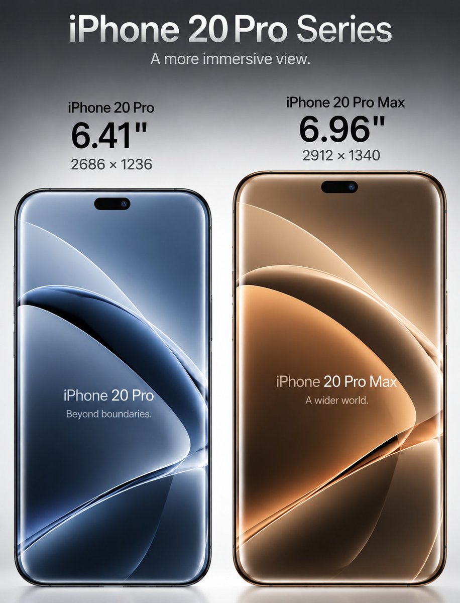 UniverseIce's tweet photo. Digital Chat Station says early display plans for the iPhone 20 Pro series have surfaced:

The iPhone 20 Pro is expected to feature a 6.41-inch display with a resolution of 2686 × 1236, while the iPhone 20 Pro Max could come with a 6.96-inch display at 2912 × 1340.

Apple is reportedly testing a bezel-less quad-curved display design, along with a smaller display cutout that could further shrink the Dynamic Island.