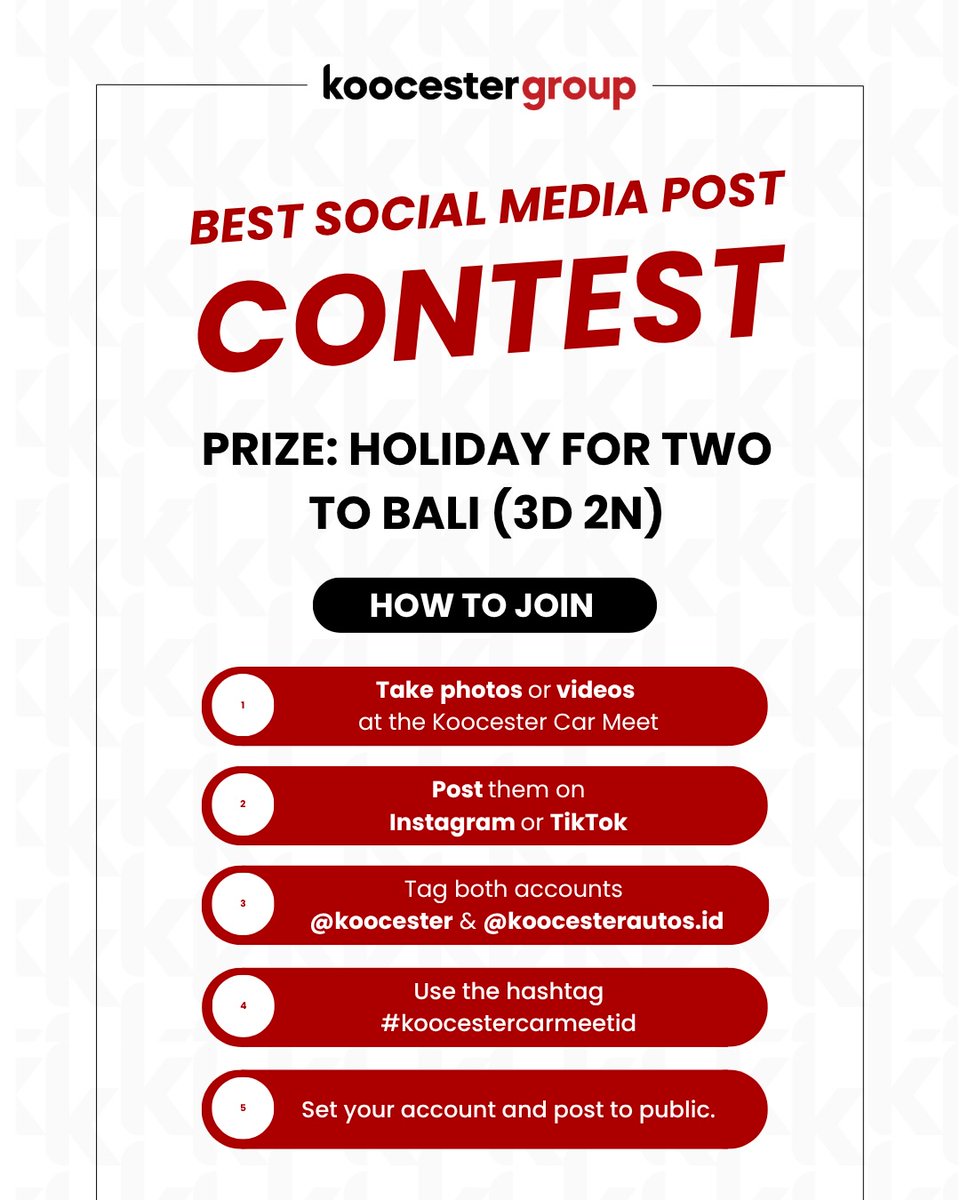 VeiBanguela's tweet photo. KOOCESTER’S CAR MEET INDONESIA EDITION 2026

Contest 1/2: BEST SOCIAL MEDIA POST
Prize: 1 pair of flight tickets to Bali

How to win
1. Take photos/videos at the Koocester Car Meet
2. Post them on IG or TikTok
3. Tag @koocester and @koocesterautos. https://t.co/tmvjrpKMrQ