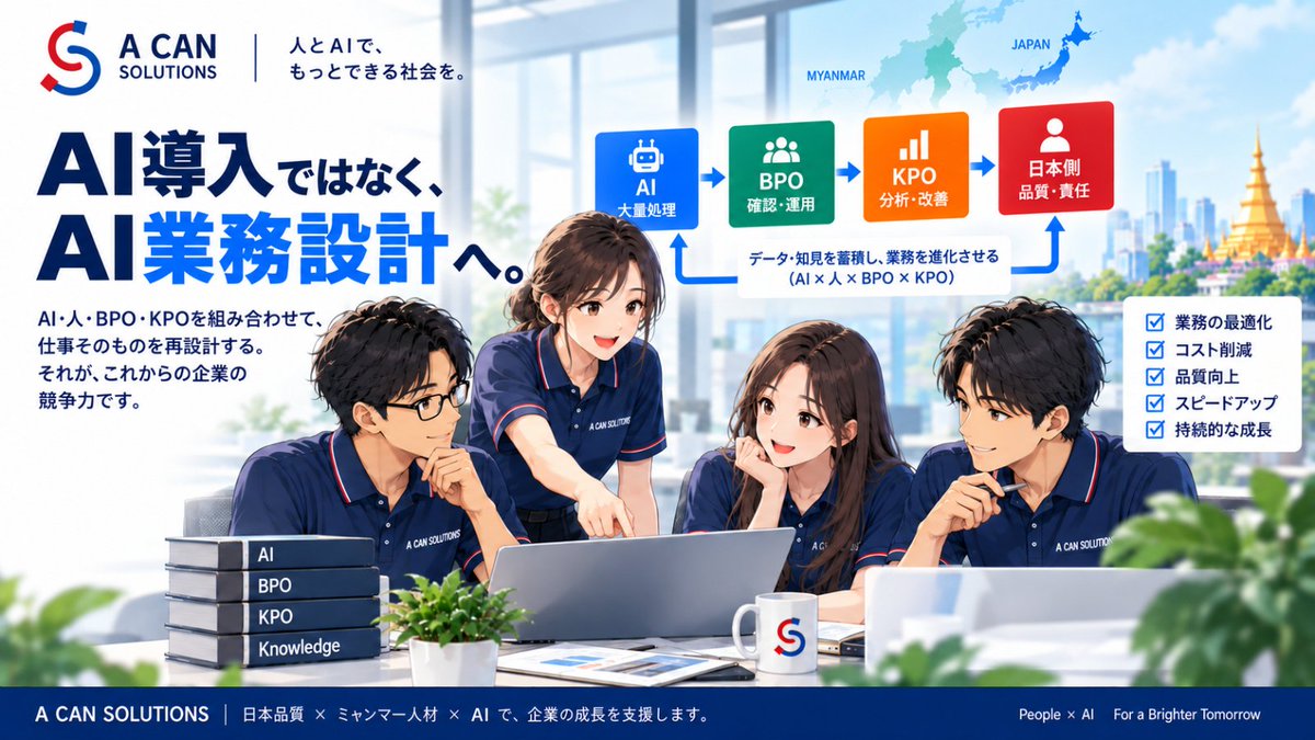 kadoman78n's tweet photo. 【月曜日：
AI時代に必要なのは「AI導入」ではなく「AI業務設計」】

今までのAI導入は、

「この仕事にAIを使えませんか？」

から始まることが多かったと思います。

例えば、

メール作成にAI。

OCRにAI。

議事録にAI。

データ分析にAI。

もちろん、それでも効果はあります。

でも私は、AI活用が本格化するほど、

既存業務にAIを足すだけでは限界がある

と思っています。

なぜなら、

今の業務フローそのものが、

人が仕事をすることを前提に作られている

からです。

例えば、

書類を受け取る。

人が読む。

人が入力する。

人が確認する。

上司が承認する。

お客様へ送る。

という仕事がある。

ここで、

「入力だけAIにしましょう」

とすると、

確かに入力時間は減ります。

でも、

人が読む。

人が確認する。

人が承認する。

という流れは、そのまま残ります。

すると、

AIを導入したのに、

思ったほど仕事が変わらない。

ということが起きます。

だから私は、

AI時代には、

「今の仕事のどこにAIを入れるか」

だけではなく、

一度、

仕事そのものを分解して考える

必要があると思っています。

読む。

抽出する。

分類する。

照合する。

判断する。

確認する。

承認する。

記録する。

改善する。

こうして分ける。

すると、

「読む・抽出する」はAI。

「定型的な確認」はBPO。

「例外判断」はKPO。

「責任を伴う承認」は日本側。

といった形で、

仕事を最適な場所へ配置できます。

これが、

私が考える

AI業務設計

です。

つまり、

人の仕事をAIに置き換える

のではなく、

AIと人が最初から一緒に働く前提で、仕事を組み直す。

ここが重要だと思っています。

例えば1,000件の仕事なら、

AIが800件処理する。

BPOが150件確認する。

KPOが40件分析する。

日本側が10件判断する。

そして、

その10件、40件、150件から得られた情報を、

またAIへ戻す。

すると、

翌月には、

800件だったAI処理が850件になるかもしれない。

それでも、

無理に1,000件すべてをAI化する必要はありません。

重要なのは、

最も良い場所に、最も適した仕事を置くこと。

です。

そして、

AI業務設計で大切なのは、

「AIに何ができるか」から考えないこと

だと思っています。

先に考えるのは、

この仕事の目的は何か。

何が品質なのか。

どこにリスクがあるのか。

どんな例外があるのか。

誰が責任を持つのか。

その上で、

AI。

BPO。

KPO。

人。

を配置する。

AIありきではなく、

業務ありき

です。

A CAN SOLUTIONSも、

単に、

「AIを導入します」

「ミャンマーへ業務を移管します」

という会社ではなく、

AI・人・BPO・KPOを組み合わせて、仕事そのものを設計する会社

へ進化していきたいと思っています。

AIが大量処理する。

ミャンマーチームがBPOとして運用する。

KPOが例外を分析する。

日本側が品質と責任を担う。

Knowledgeを蓄積する。

そしてまたAIへ戻す。

AI
→ BPO
→ KPO
→ Knowledge
→ AI
この循環を、
最初から業務に組み込む。
AI時代に必要なのは、
「AIを使っています」

ではなく、

「AIを含めて仕事そのものを設計できています」

という会社なのかもしれません。

AI導入から、

AI業務設計へ。

私は、ここが次の企業DXのテーマになると思っています。

#生成AI #AI活用 #AI導入 #AI業務設計 #DX #業務改善 #BPO #KPO #HumanInTheLoop #業務自動化 #ナレッジマネジメント #ミャンマー #AcanSolutions