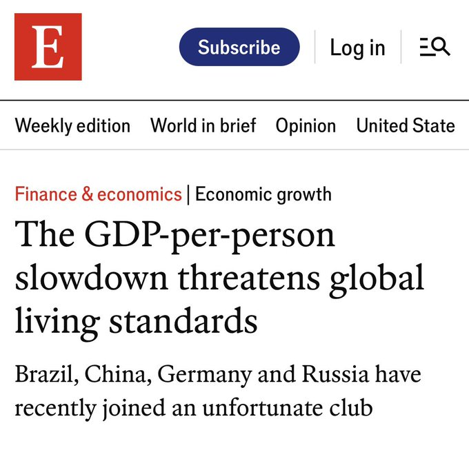 GeraldineIqq's tweet photo. The Economist is reporting that Indian economy is an outlier among a global slowdown. 🇮🇳 🚀

GDP-per-person for Brazil, Russia and even China is witnessing a fall but this metric is rising substantially for India. https://t.co/rLR3rkg1Mf