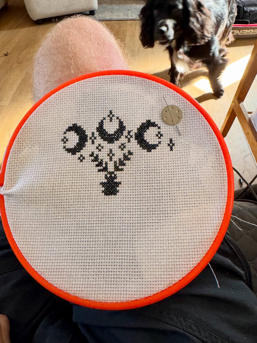 MEME5554's tweet photo. Too hot to shoot, run, or take Marx for a walk. Time to start another cross-stitch. https://t.co/zy5Gb9R1kR