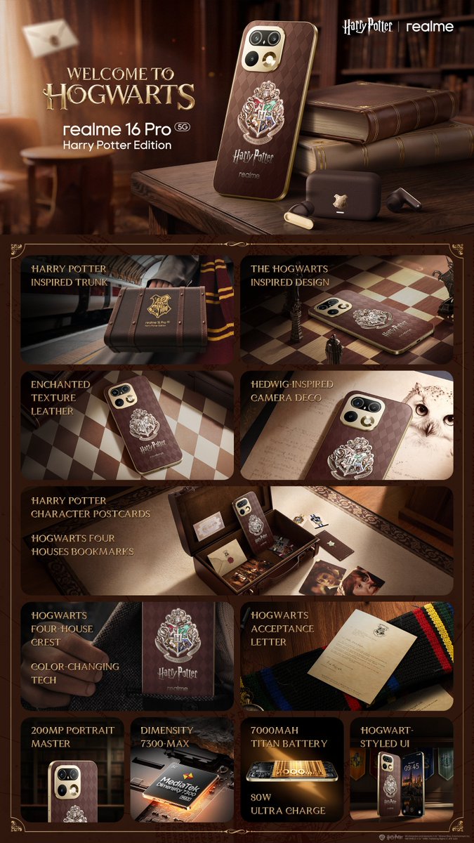 realmeglobal's tweet photo. The wait is over. ✨

Meet the realme 16 Pro 5G Harry Potter Edition — from its Hogwarts-inspired design to the details that make it truly special.

Everything you need to know, at a glance. 👀

#HarryPotterXrealme #HarryPotter #HarryPotterStyle #realme16ProSeries https://t.co/qhURpFcQ0S