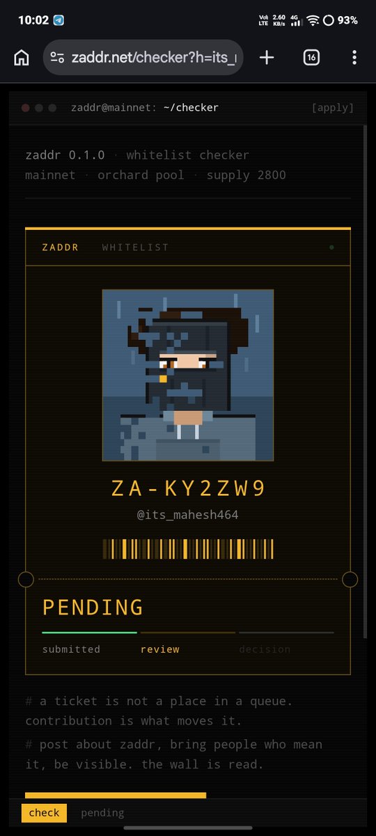 Its_mahesh464's tweet photo. Applied for zaddr and genuinely excited about the vision of privacy, pixel art, and community. 🖤
Now patiently waiting and hoping to be part of this journey. 👀⏳
@zaddrnet #Zcash #zaddr
@zaddrnet https://t.co/7IaJ7nsLmn